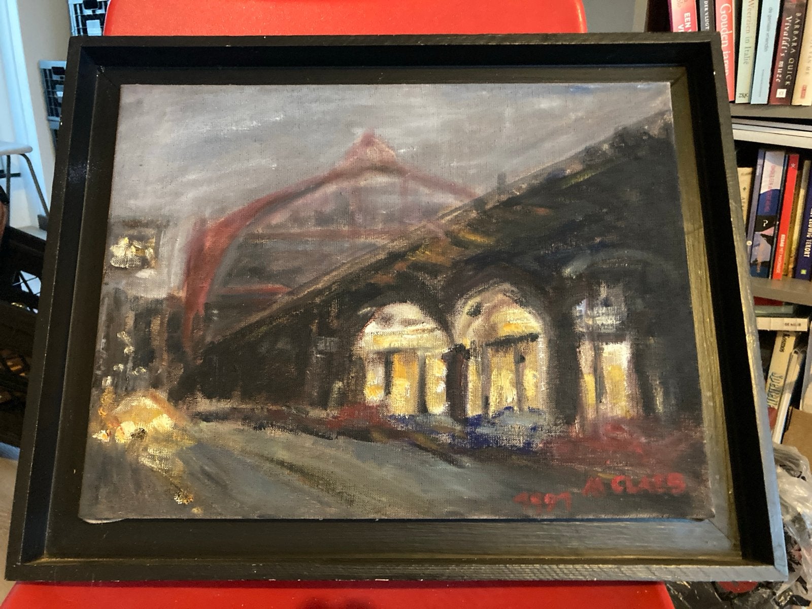 Schilderij van treinstation, gesigneerd 1997 , m claes, Antiek en Kunst, Ophalen of Verzenden