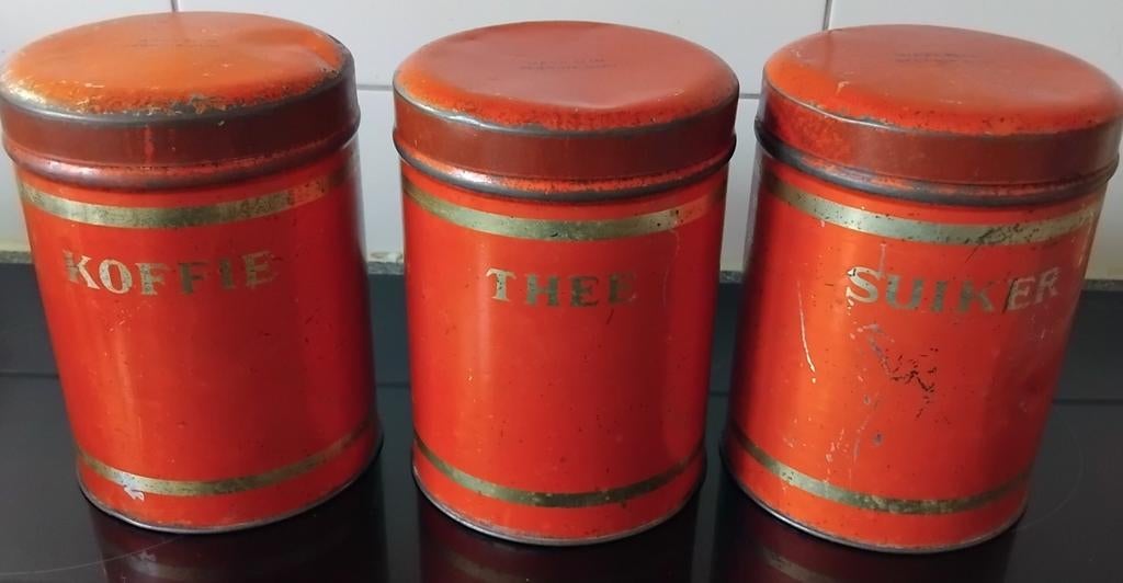 Zeldzame Koffie, thee en suiker blikken Slim uit Overschie, Huis en Inrichting, Ophalen of Verzenden, Glim, Bestaat niet meer sinds 1970