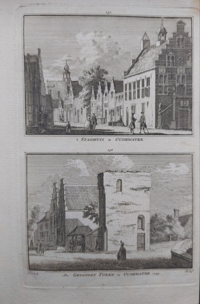 257-258 / Stadhuis en Gevangen Toren te Oudewater Gravure, Antiek en Kunst, Kunst | Etsen en Gravures, Ophalen of Verzenden