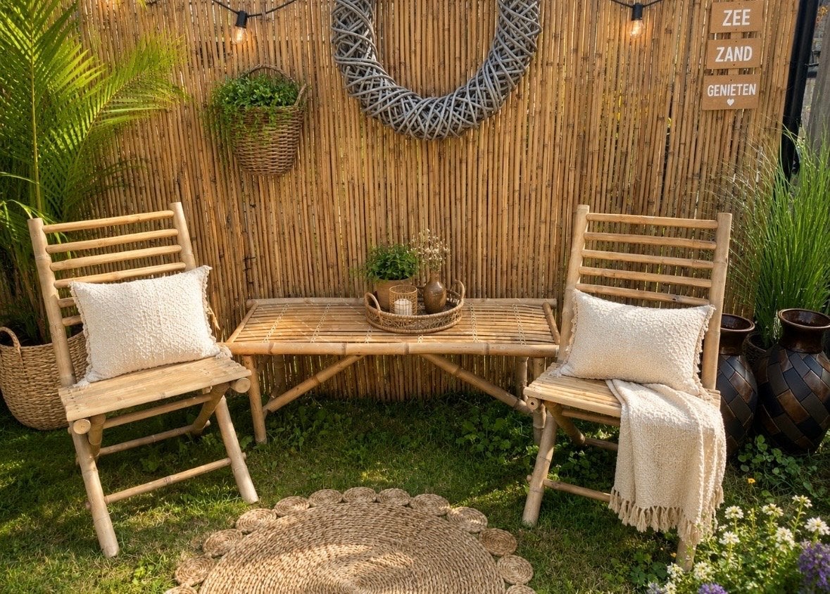 Bamboe tuinset met 2 stoelen en bijzettafel, Tuin en Terras, Nieuw, Stoel, Tuinset, Hout