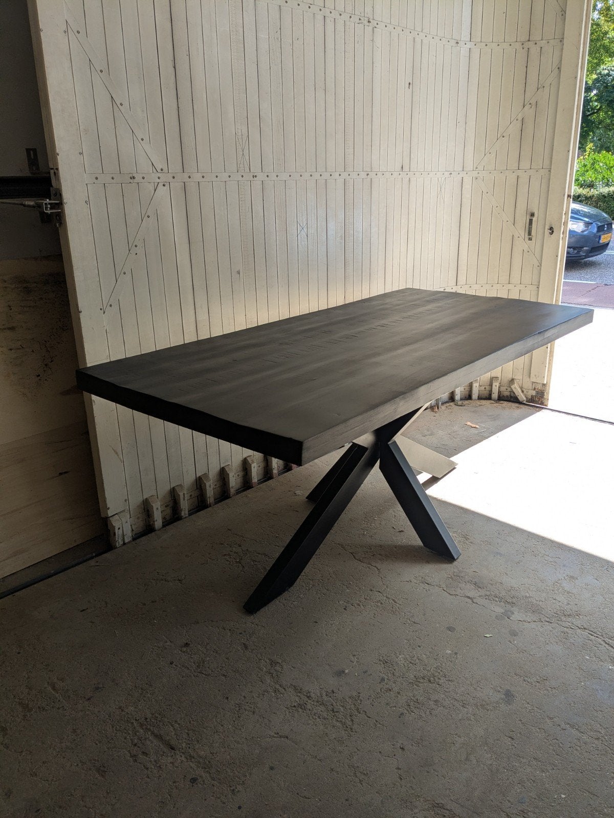 mango tafel ijzeren poot nieuwstaat!, Ophalen, 50 tot 100 cm, Zo goed als nieuw, 150 tot 200 cm