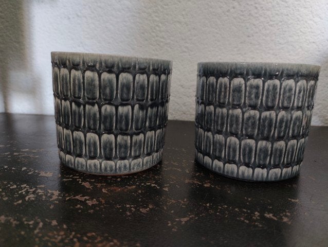 Retro bloempotjes blauw grijs Scheurich 2x, Rond, Binnen, Ophalen of Verzenden, Zo goed als nieuw