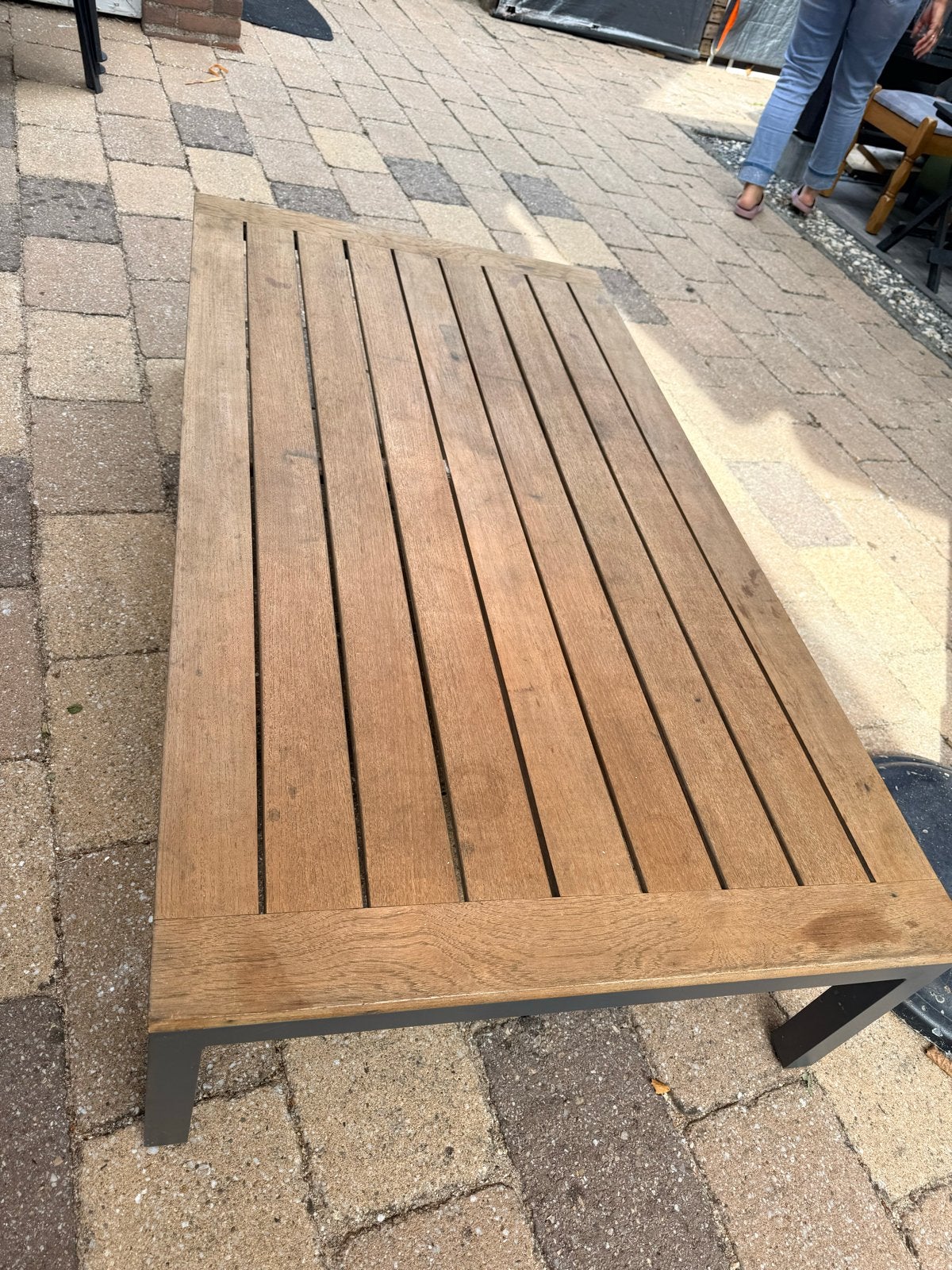Robuuste houten tuintafel met aluminium onderstel, Ophalen, Gebruikt, Rechthoekig, Hout