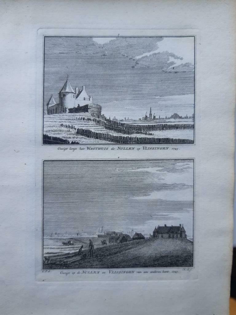 3-4*/ Wachthuis en Nollen op Vlissingen kopergravure 1754, Ophalen of Verzenden
