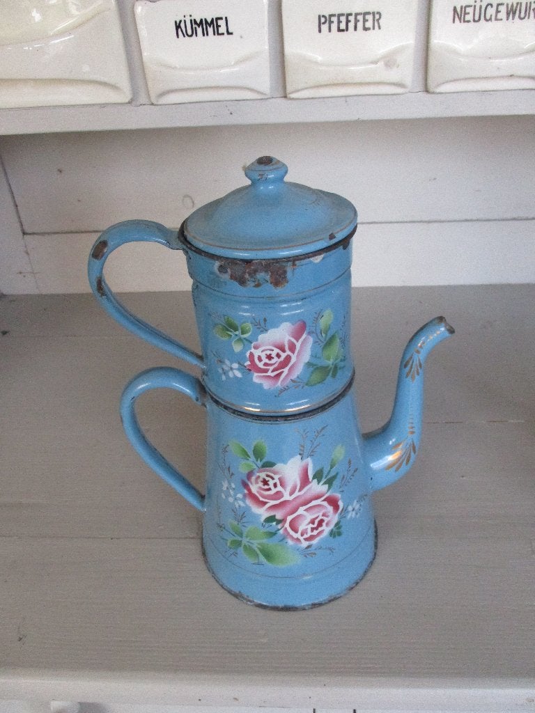 emaille brocante koffiepot met filter en rozen, Ophalen of Verzenden