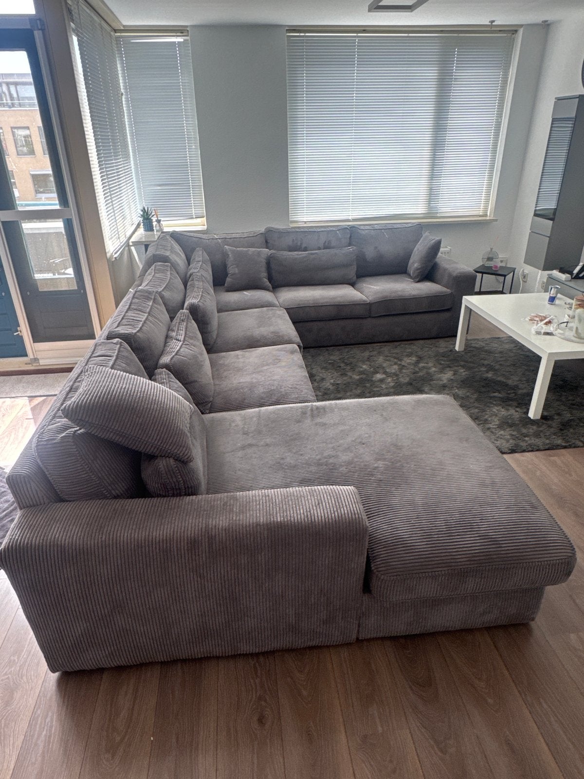 Grote hoekbank met chaise longue, ribstof grijs, Ophalen of Verzenden, Gebruikt, Stof