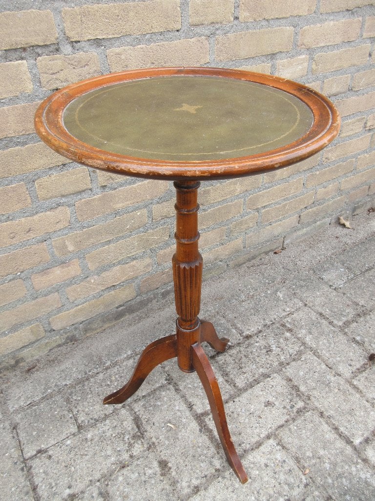 Driepoot tafel met groen lederen blad bijzettafel wijntafel, Ophalen of Verzenden