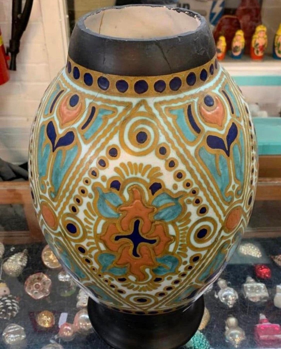 Vaas grote Zenith Gouda Fantasie plateel vaas jaren 60, Antiek en Kunst, Ophalen of Verzenden