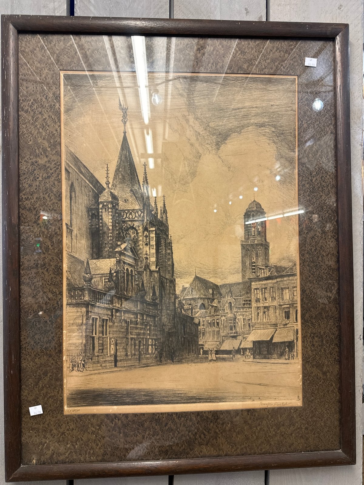 Antieke Ets Stadsgezicht met Kathedraal en Toren, Antiek en Kunst, Kunst | Etsen en Gravures, Ophalen, Ingelijst, 1800 - 1899
