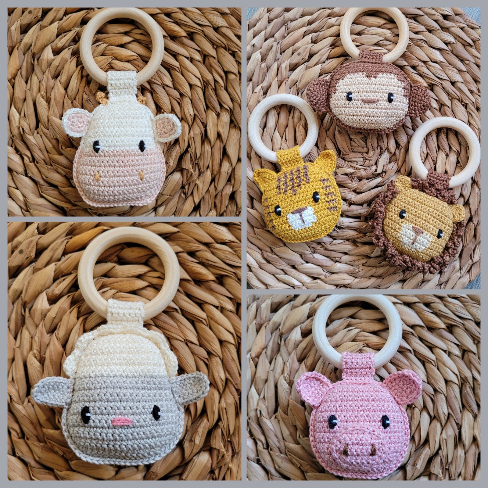 Gehaakte dieren rammelaars aan houten ring, Ophalen of Verzenden, Nieuw, Kraamcadeau