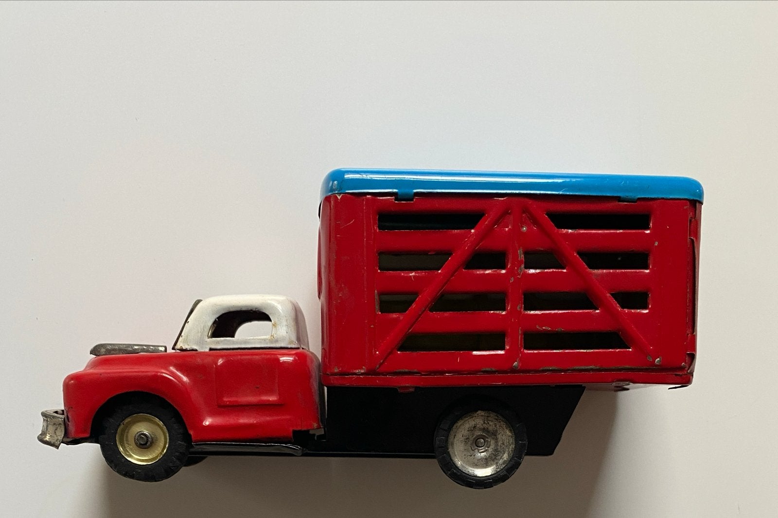 Vintage blikken speelgoed vrachtwagen met aanhanger, Japan, Verzamelen, Speelgoed, Ophalen of Verzenden, Gebruikt