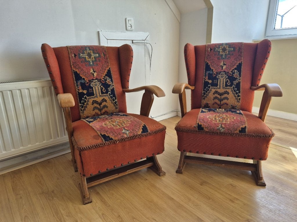 2 Vintage fauteuils / rookstoelen met Kelim tapijt motief, Ophalen, Hout, Gebruikt, 75 tot 100 cm
