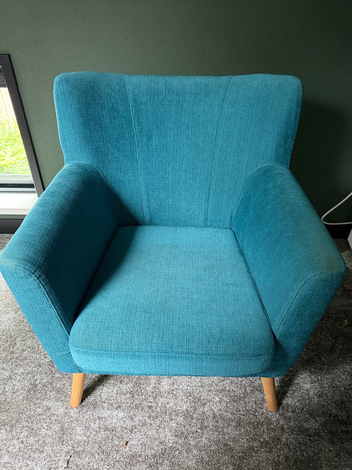 Comfortabele fauteuil in turquoise stof, Ophalen, Gebruikt, 75 tot 100 cm, Stof