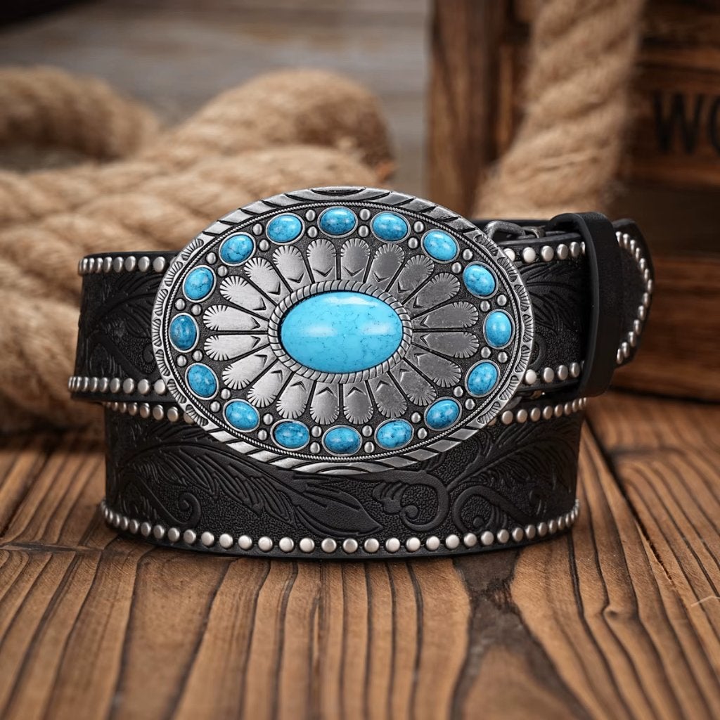 Zwarte kunstleren cowboyriem met blauwe stenen, Verzenden, Zwart, Nieuw, 115 cm of meer