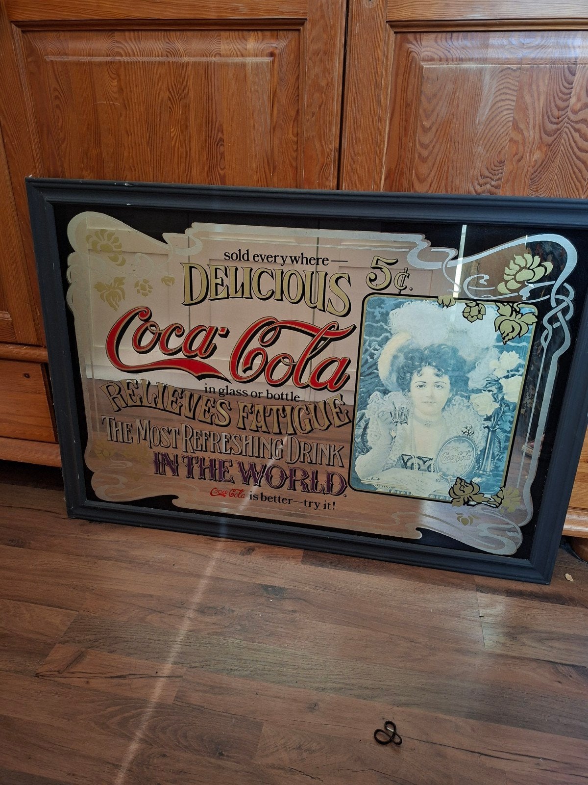 Vintage Coca-Cola spiegel - 'Delicious, Relieves Fatigue', Ophalen, Gebruikt, Reclamebord