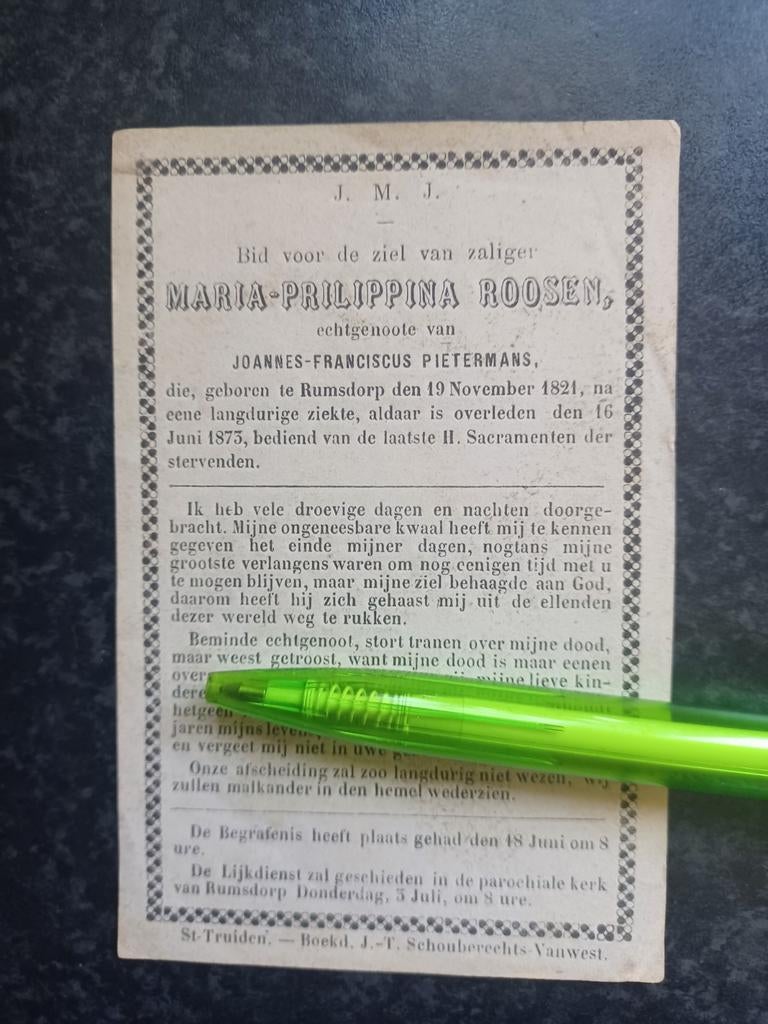 Bidprentje Rumsdorp Maria Roosen 1821 1873, Ophalen, Bidprentje