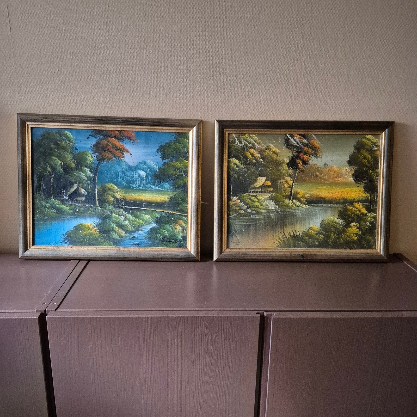 Olieverf schilderijen landschap jaren '70 vintage retro, Ophalen, Olieverf, Landschap, Doek