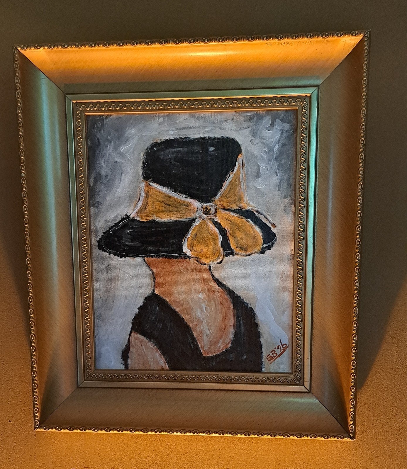 Schilderij Vrouw met Zwarte Hoed en Strik, Acrylverf, Ophalen of Verzenden, Handgeschilderd, Portret