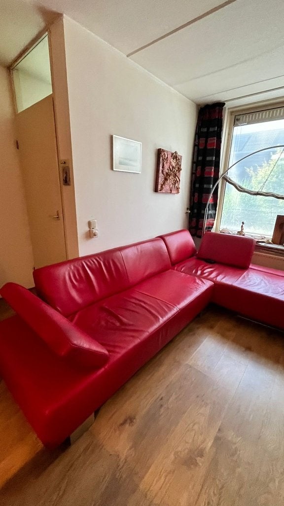 Rood leren design bank van Montel, Ophalen, Gebruikt, Hoekbank, 200 tot 250 cm
