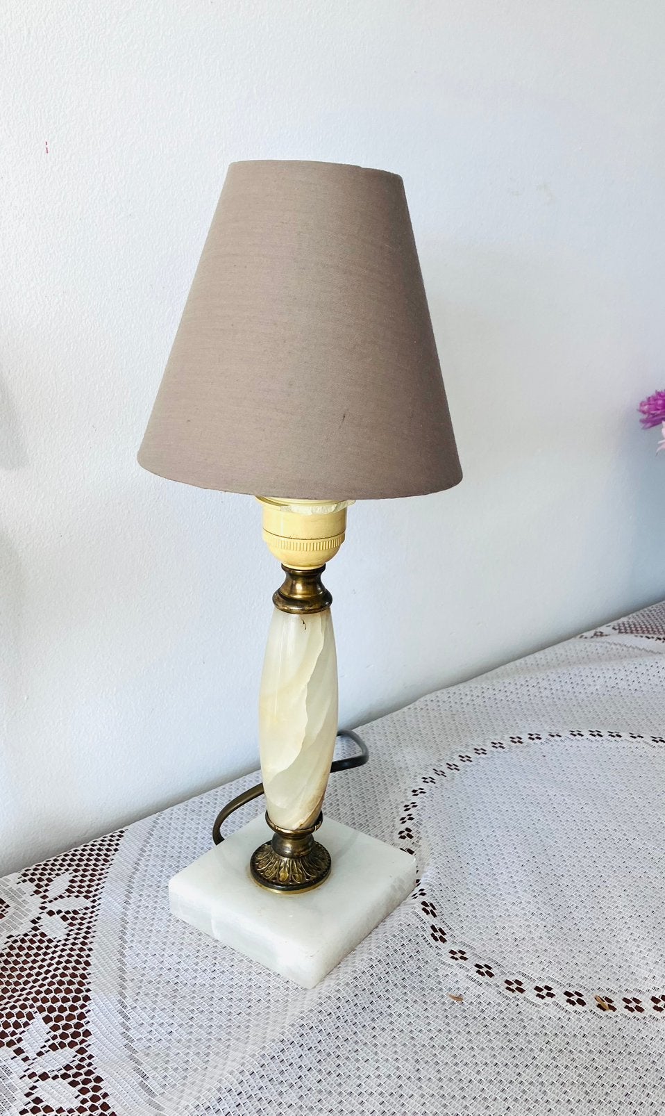 Vintage Hollywood Regency Tafellamp – Onyx & Messing, Vintage, 24 cm, E14 (klein), Ophalen of Verzenden