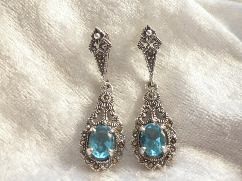 Mooie Zilveren Oorstekers met Aquamarijn en Markesietjes, Sieraden, Tassen en Uiterlijk, Antieke sieraden, Verzenden, Zilver, Oorbellen
