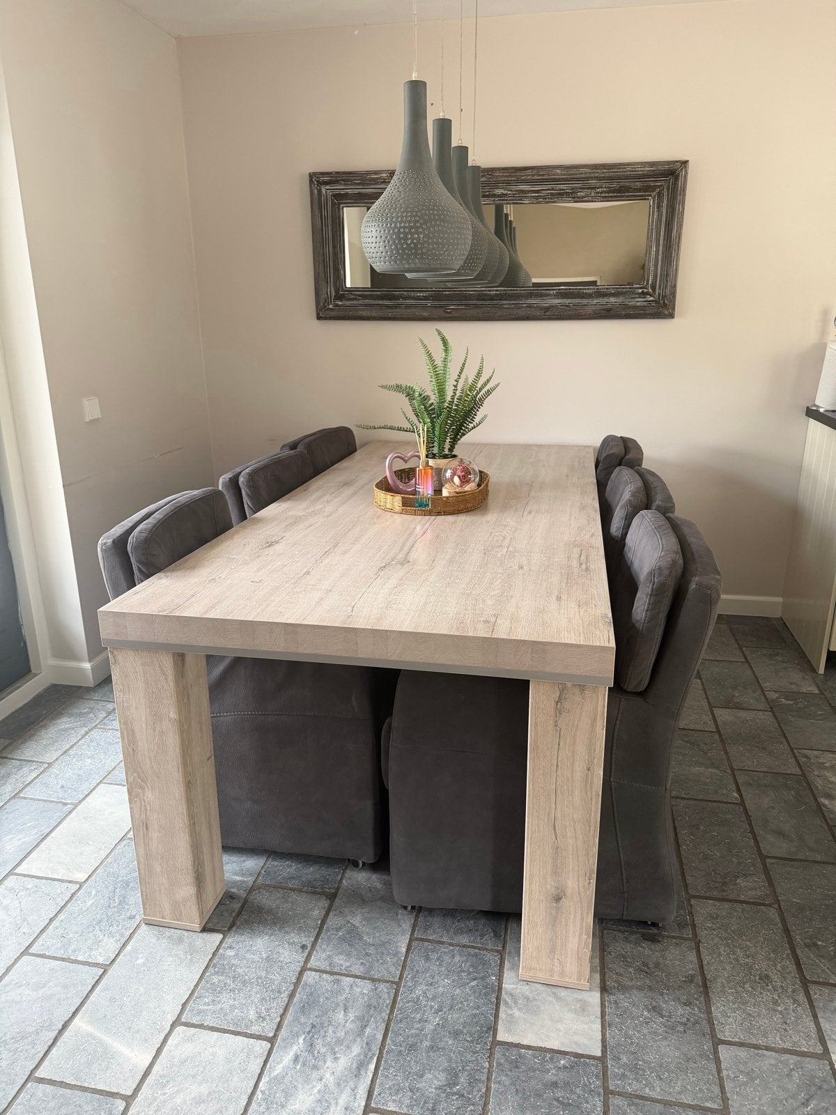 Eettafel met 6 stoelen met wieltjes, Ophalen, Gebruikt, 200 cm of meer, 50 tot 100 cm