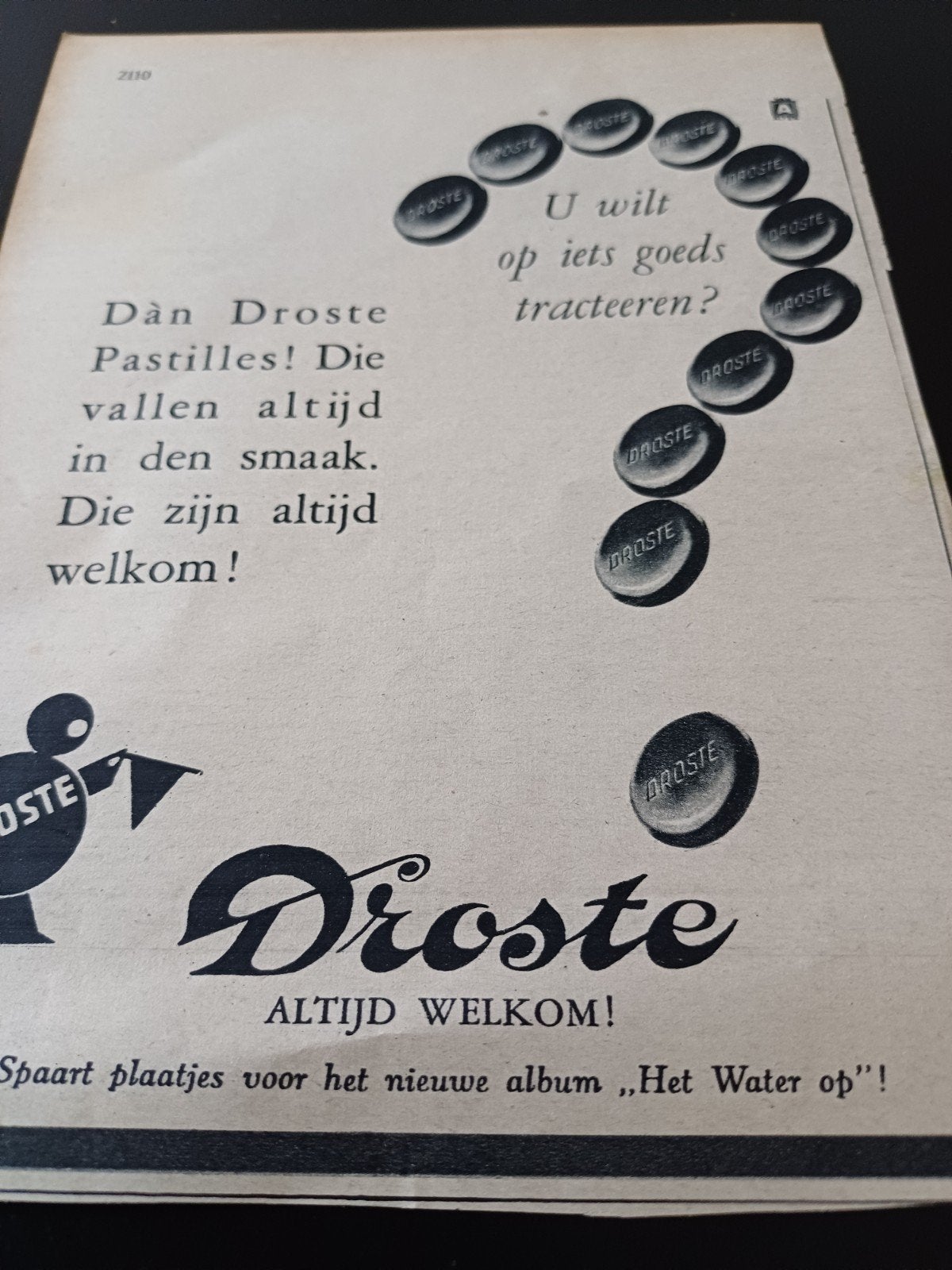advertentie van Droste pastilles vraagteken 1939, Verzamelen, Ophalen of Verzenden, Zo goed als nieuw, Overige typen