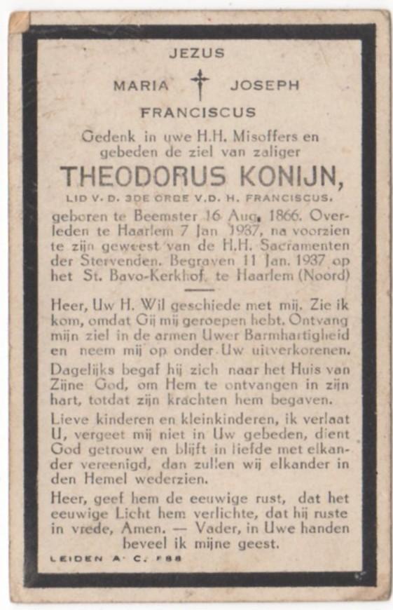 Theodorus Konijn 1866 Beemster + 1937 Haarlem, 70 jaar oud, Verzenden