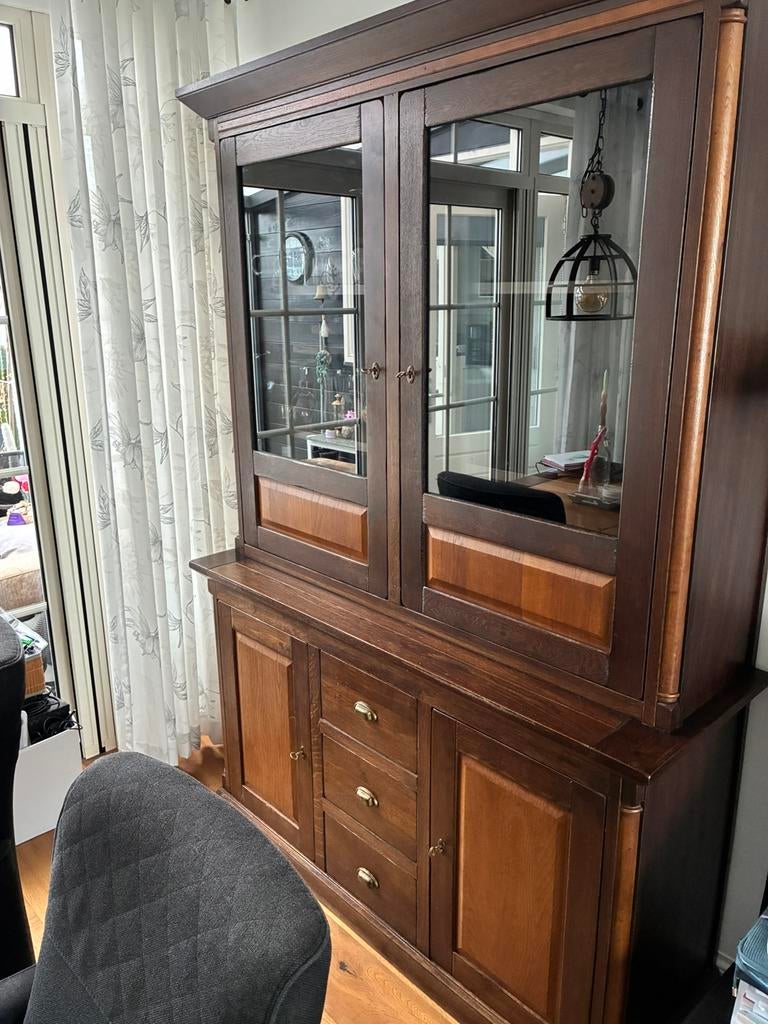 Mooie eiken vitrine kast, Ophalen, Met deur(en), 200 cm of meer, 150 tot 200 cm