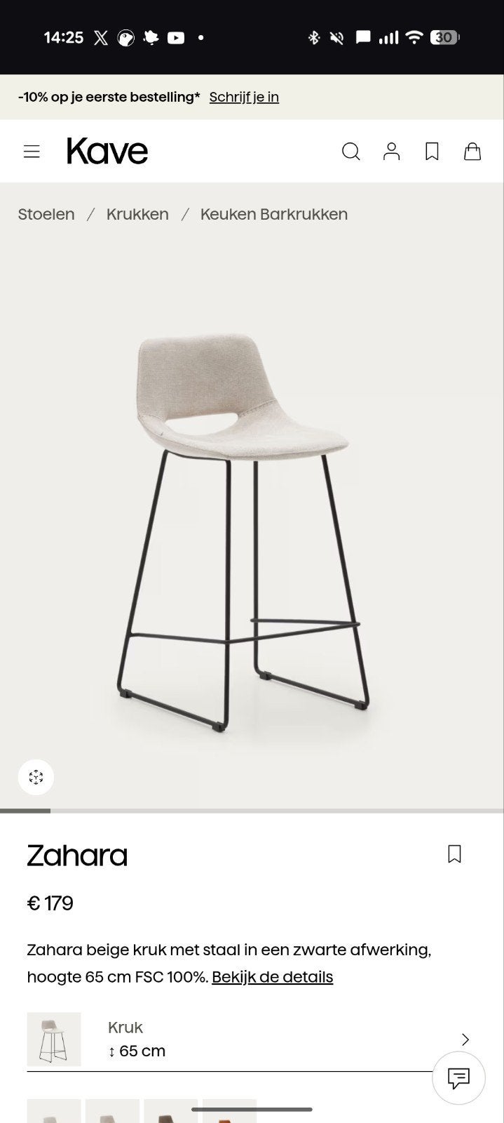 2x Kave Home Zahara beige barstoelen met zwart stalen onders, Ophalen of Verzenden, Nieuw, IJzer