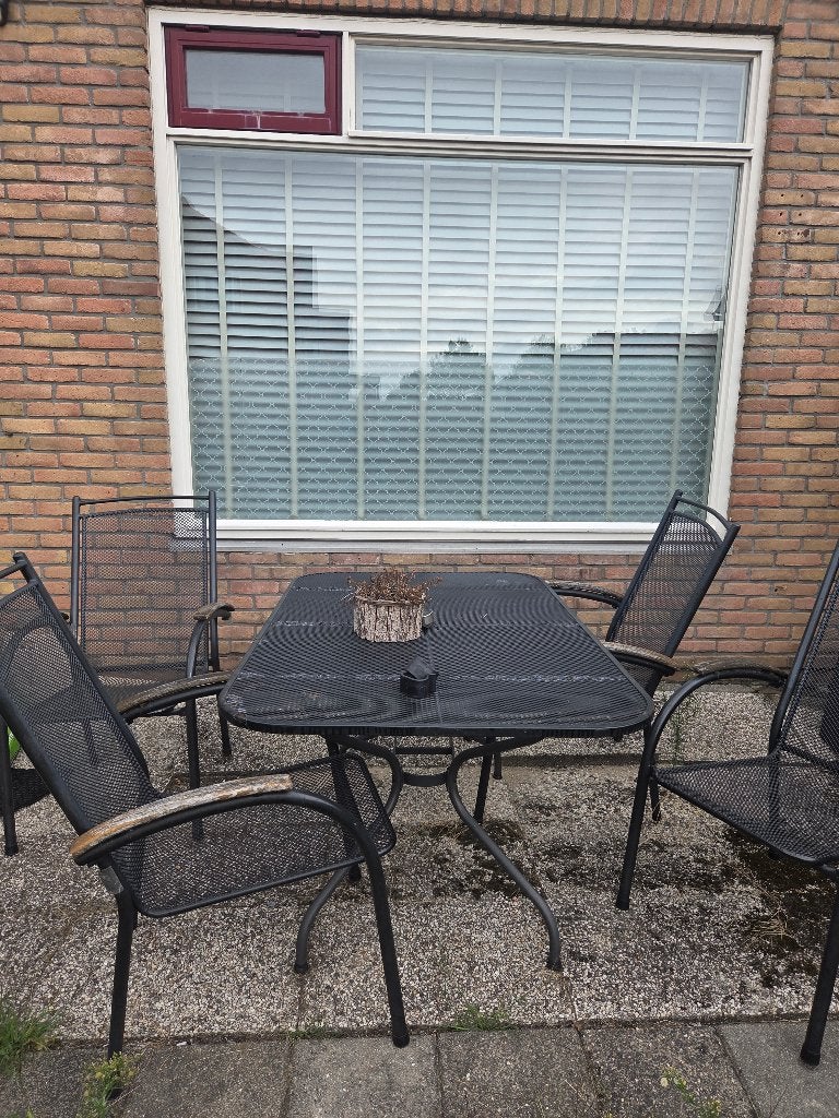 Tuintafel en stoelen gietijzer, Tuin en Terras, Tuintafels, Ophalen, Gebruikt, Rechthoekig, Metaal