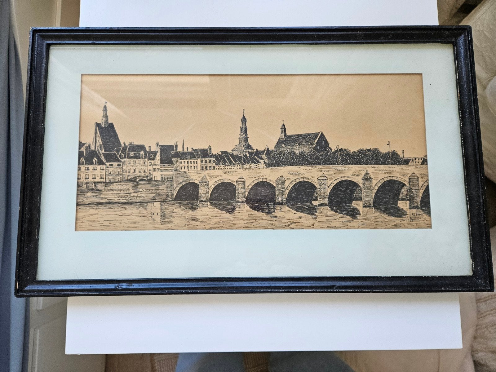 Potloodtekening Sint Servaasbrug Maastricht, Antiek en Kunst, Ophalen of Verzenden, Tekening, Potloodtekening, Gesigneerd