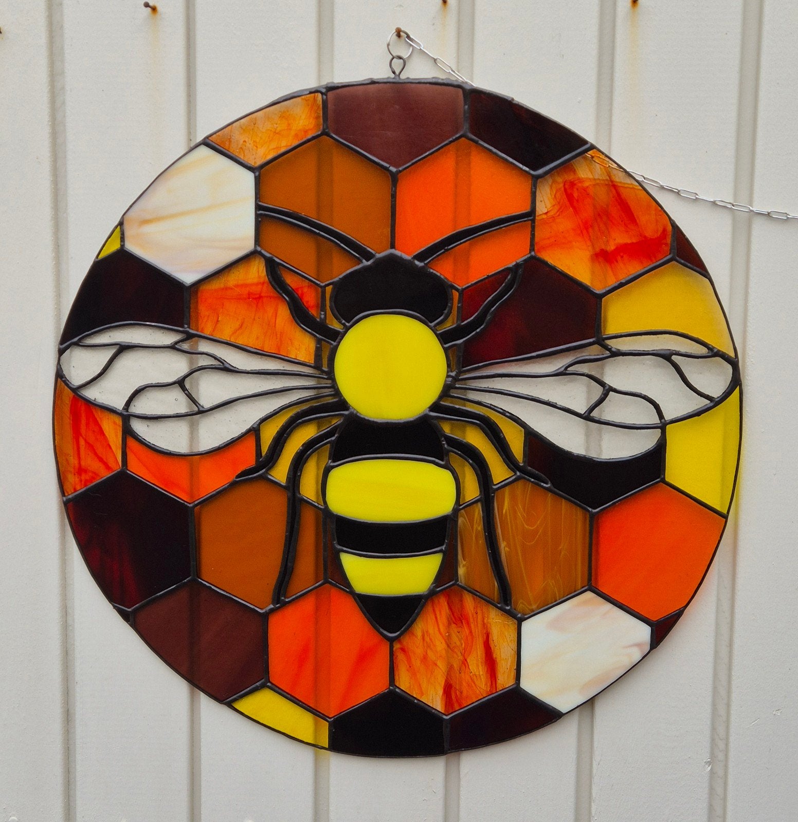 Grote Tiffany glas in lood hanger, Ophalen of Verzenden, Geel, Glas, Handgemaakt