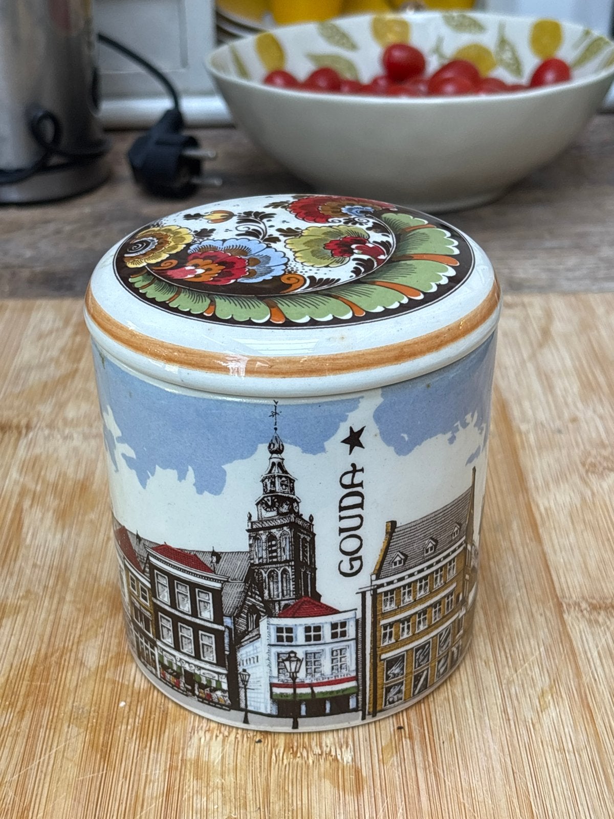 Vintage Gouda voorraadpot met Delfts blauw decor, Ophalen of Verzenden
