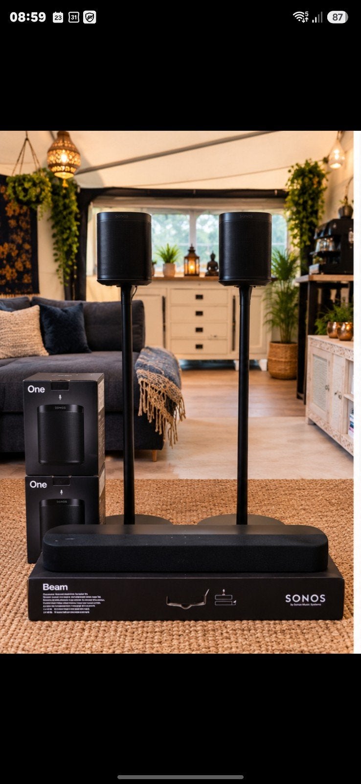 Complete Sonos Surround Set: Beam (Gen 1) + 2x One (Gen 2, Audio, Tv en Foto, Ophalen, Inclusief kabels, Zo goed als nieuw, Surroundset