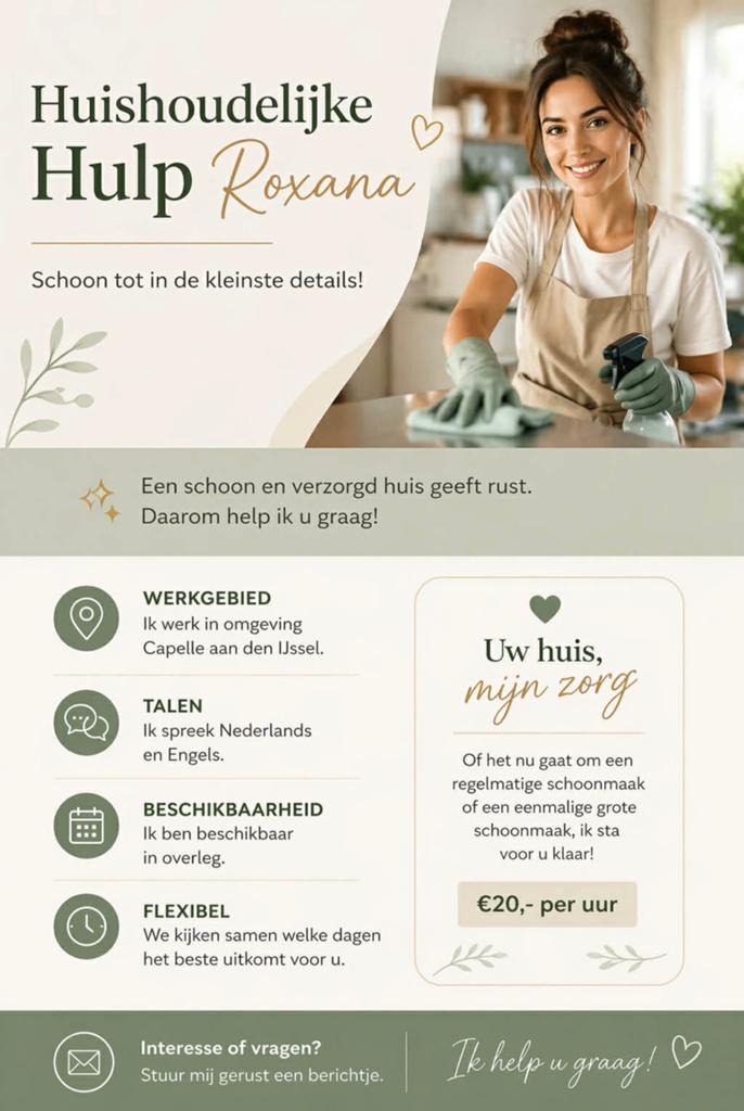 Schoonmaakster, huishoudelijke hulp aangeboden.