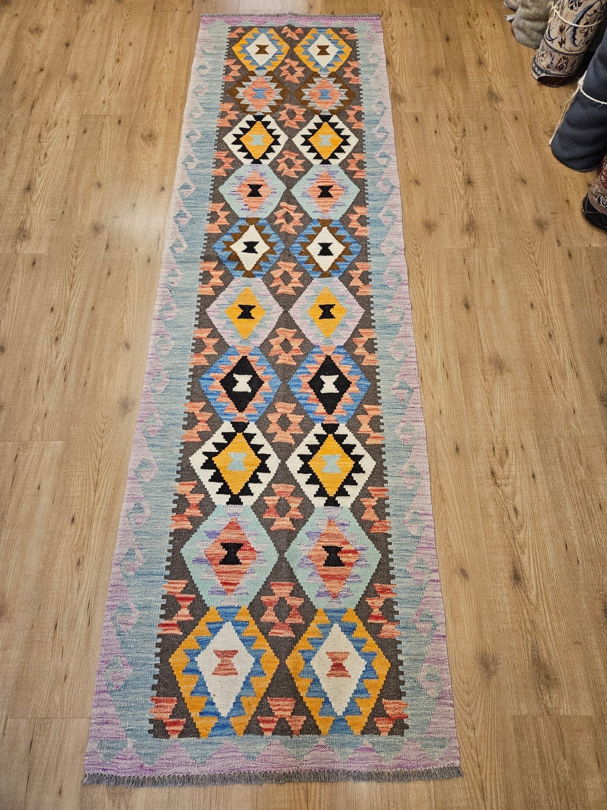Handgeweven oosterse wollen kelim loper 280x80, Info@SlatsAntiek.nl, Bruin, Vof Slats Antiek, Kelim