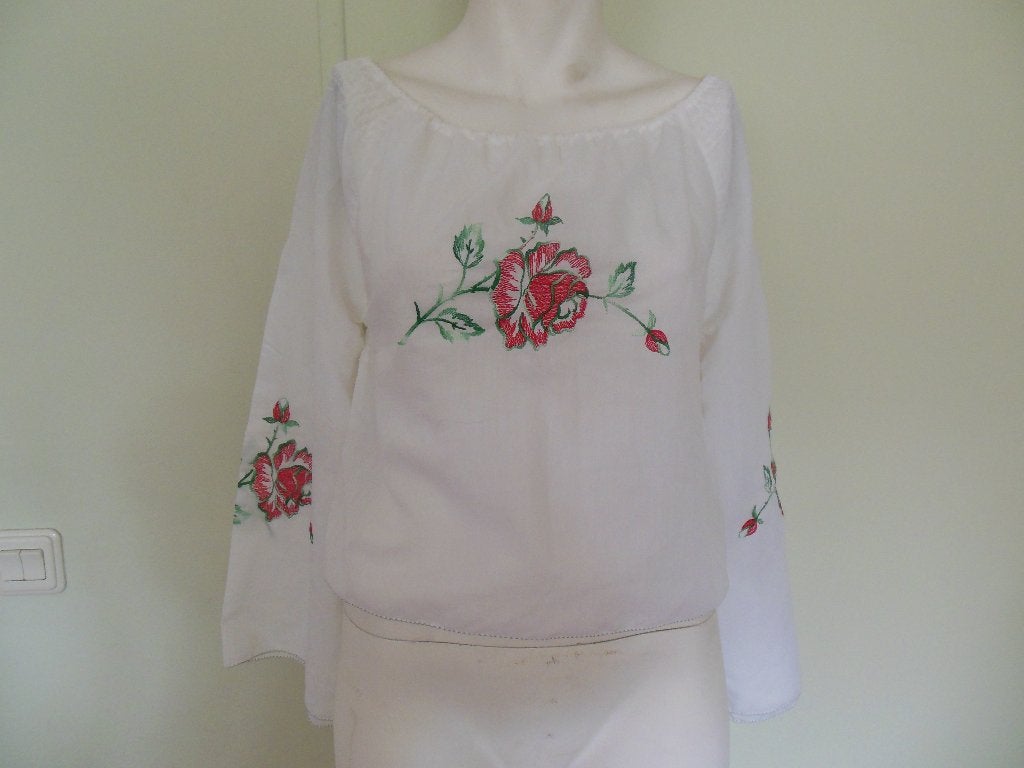 Vintage jaren 70 blouse romantisch met rozenborduursel 36-38, Ophalen of Verzenden, Zo goed als nieuw, Maat 38/40 (M), Wit