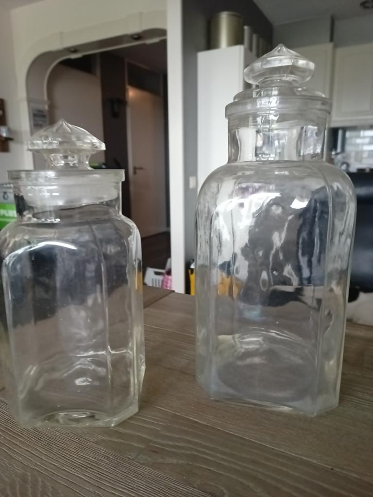 Set van 2 vintage glazen apothekerspotten met deksel, Antiek en Kunst, Ophalen