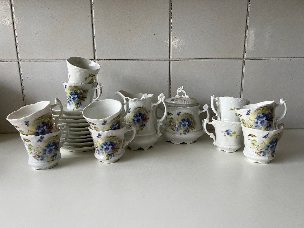 Antiek Duits Theeservies  - Blauw Bloemmotief, Ophalen