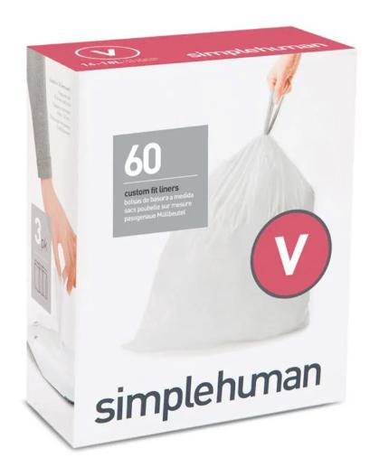4 dozen SimpleHuman afvalzakken V, 16–18 L, 60 stuks p/doos, Ophalen, Kunststof, 50 tot 75 cm, Nieuw