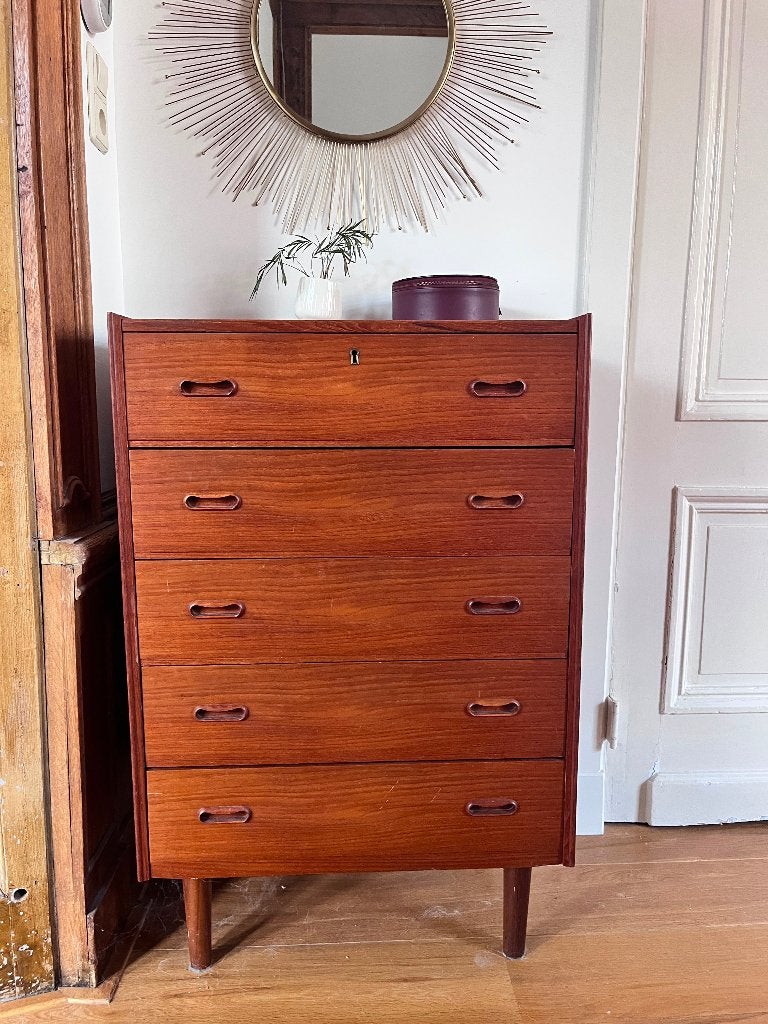 Midcentury modern tall ladekasten / dresser, Gebruikt, 5 laden of meer, 100 tot 150 cm, Teakhout