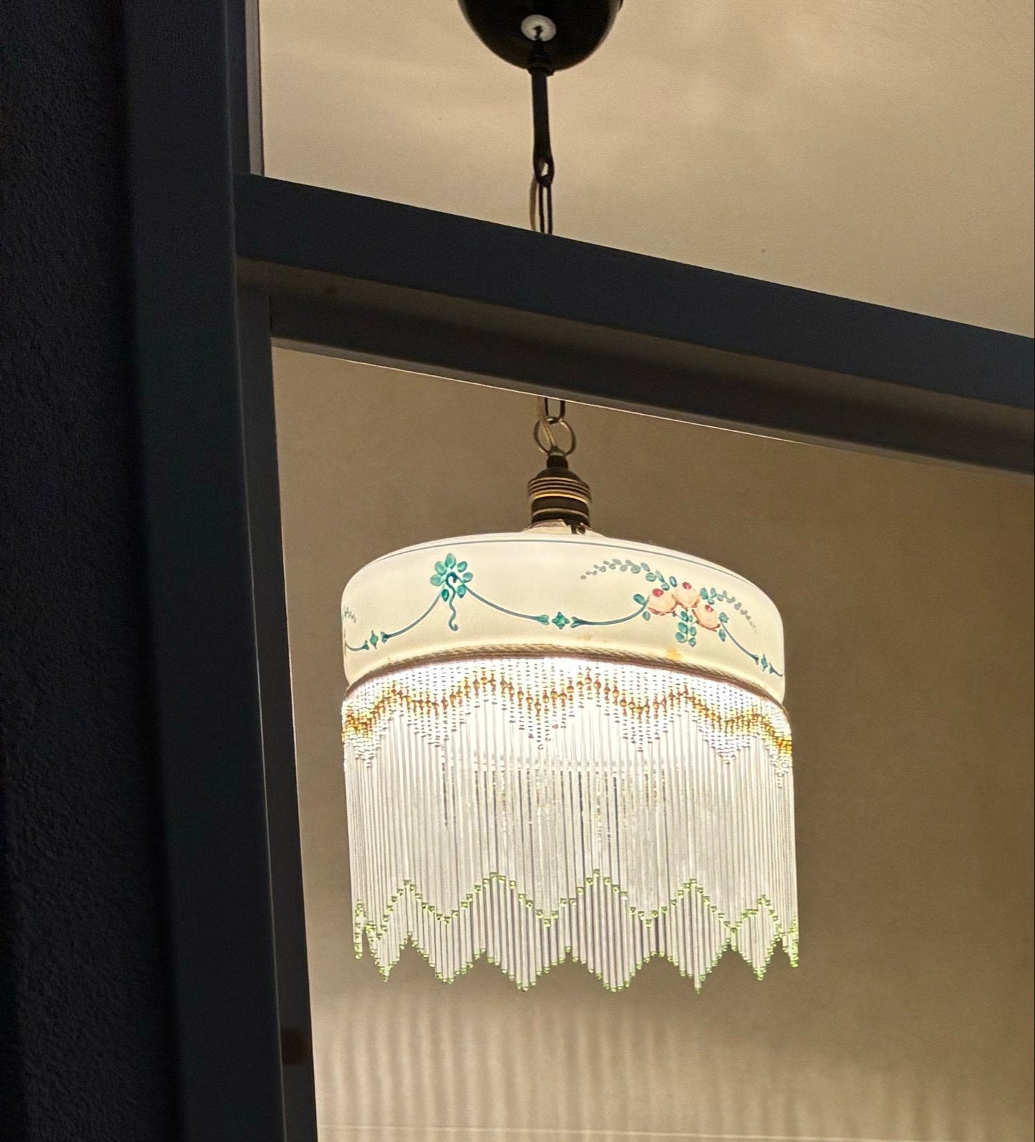 Vintage Hanglamp met Glazen Franjes en Bloemenpatroon, Ophalen, Gebruikt, Glas, E27 (groot)