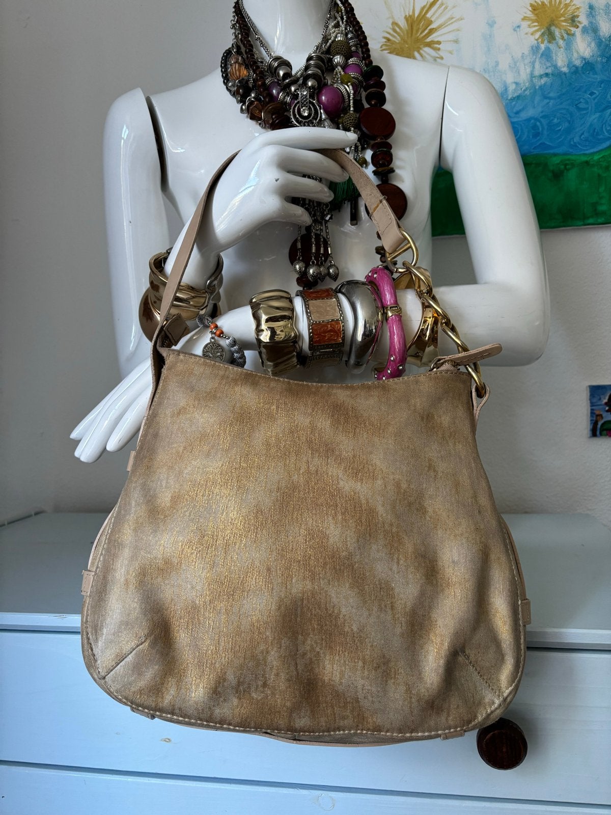 Roberto Cavalli Suède Hobo/Schoudertas - Goud/Brons Metallic, Ophalen of Verzenden, Zo goed als nieuw, Overige kleuren, Schoudertasje