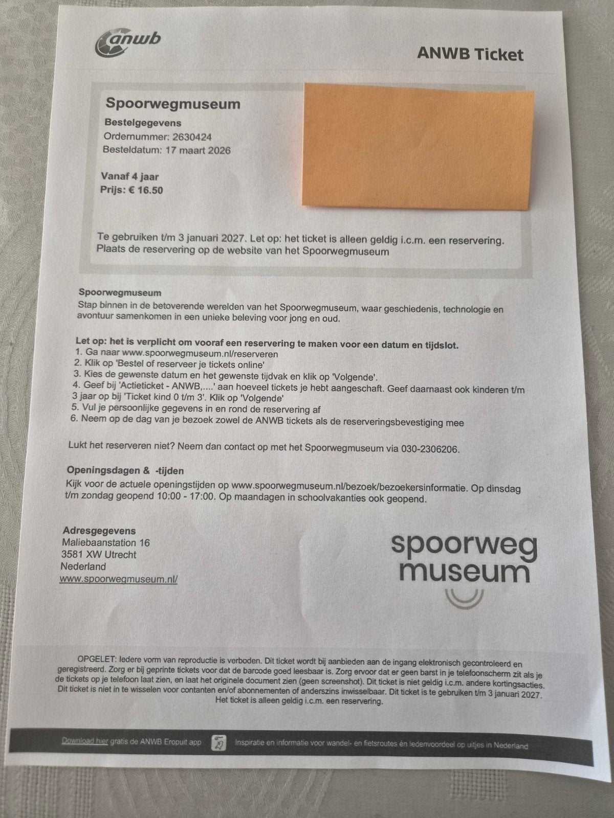 kaartje voor het  spoorweg museum in Utrecht, Eén persoon, Ticket of Toegangskaart