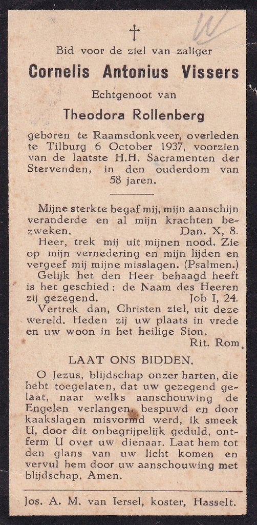 Vissers Cornelis - Raamsdonkveer 1937 Tilburg 58 jaar, Verzamelen, Ophalen of Verzenden, Bidprentje