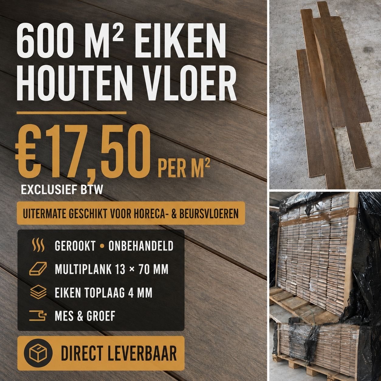 Grote partij -600m2 - Gerookt Eiken - Multiplank.  13x70mm, Huis en Inrichting, Bruin, 75 m² of meer, Nieuw, Ophalen
