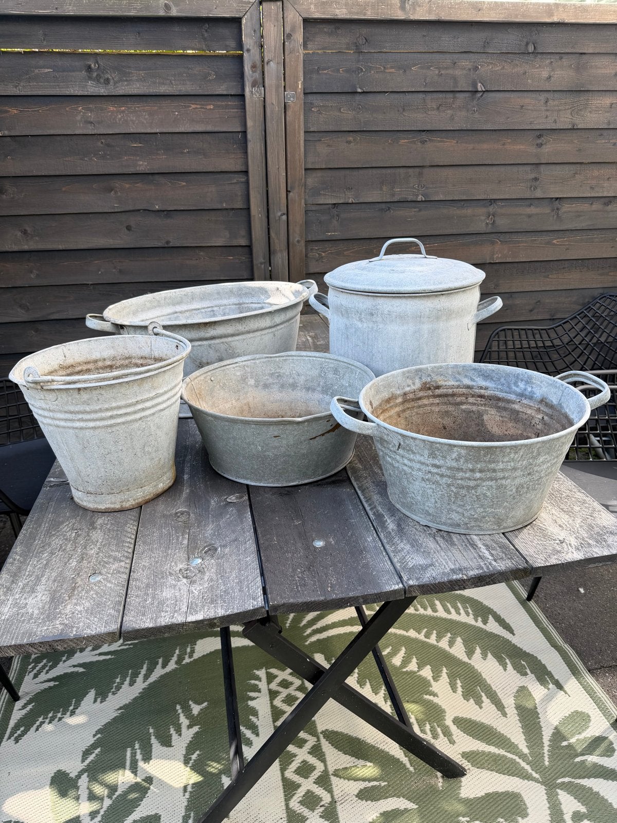Set van 5 zinken potten en emmers, Gebruikt, Minder dan 40 cm, Metaal, Ophalen