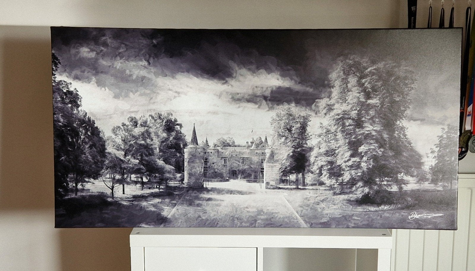Schilderij Kasteel Helmond 60x120cm Zwart-Wit, Ophalen, Schilderij, Zwart, Textiel