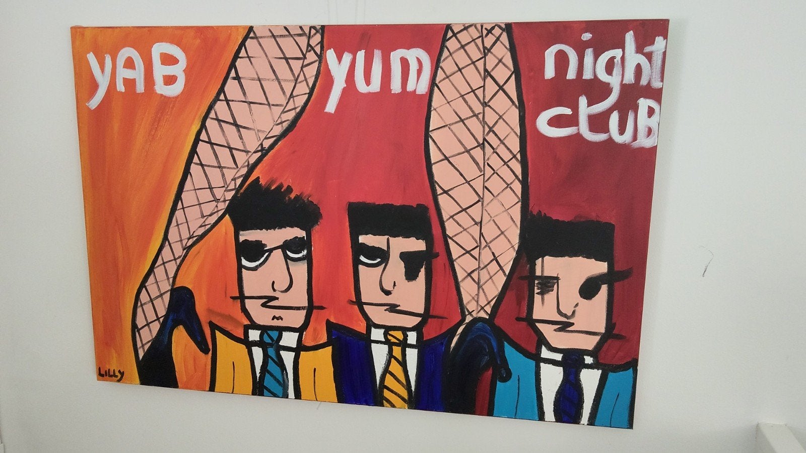 Modern schilderij: YAB YUM Night Club, Antiek en Kunst, Ophalen, Op houten frame, Textiel, Figuren